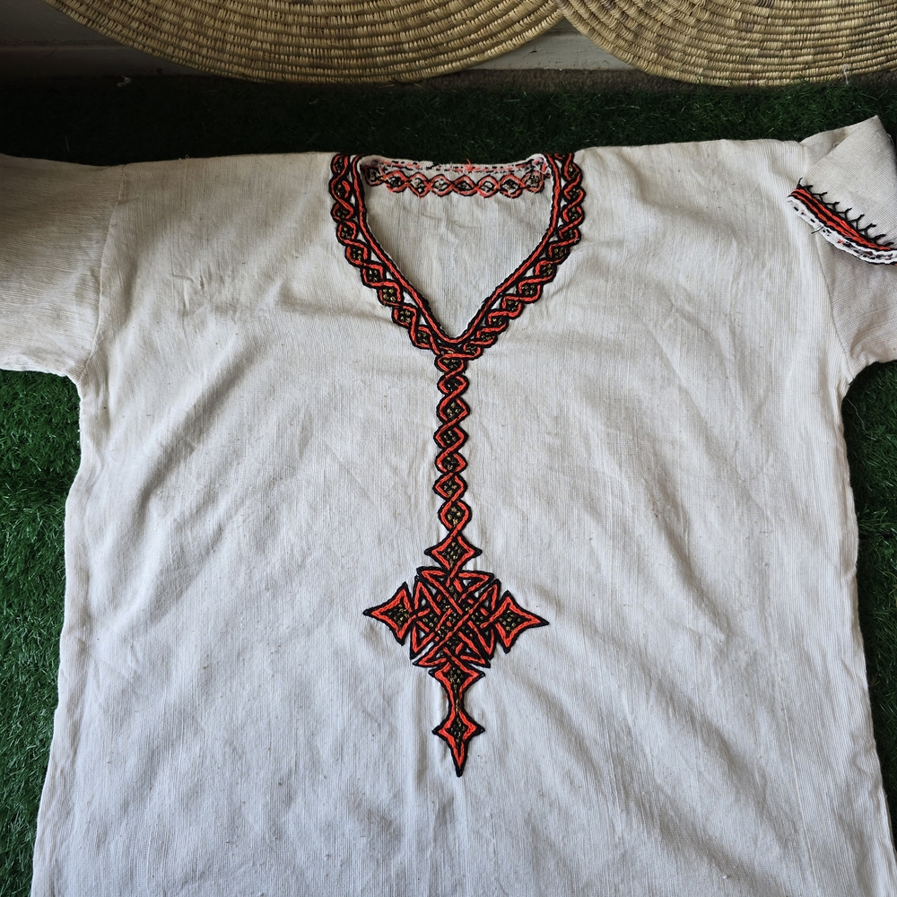 Embroidered White Shirt with Red Accents